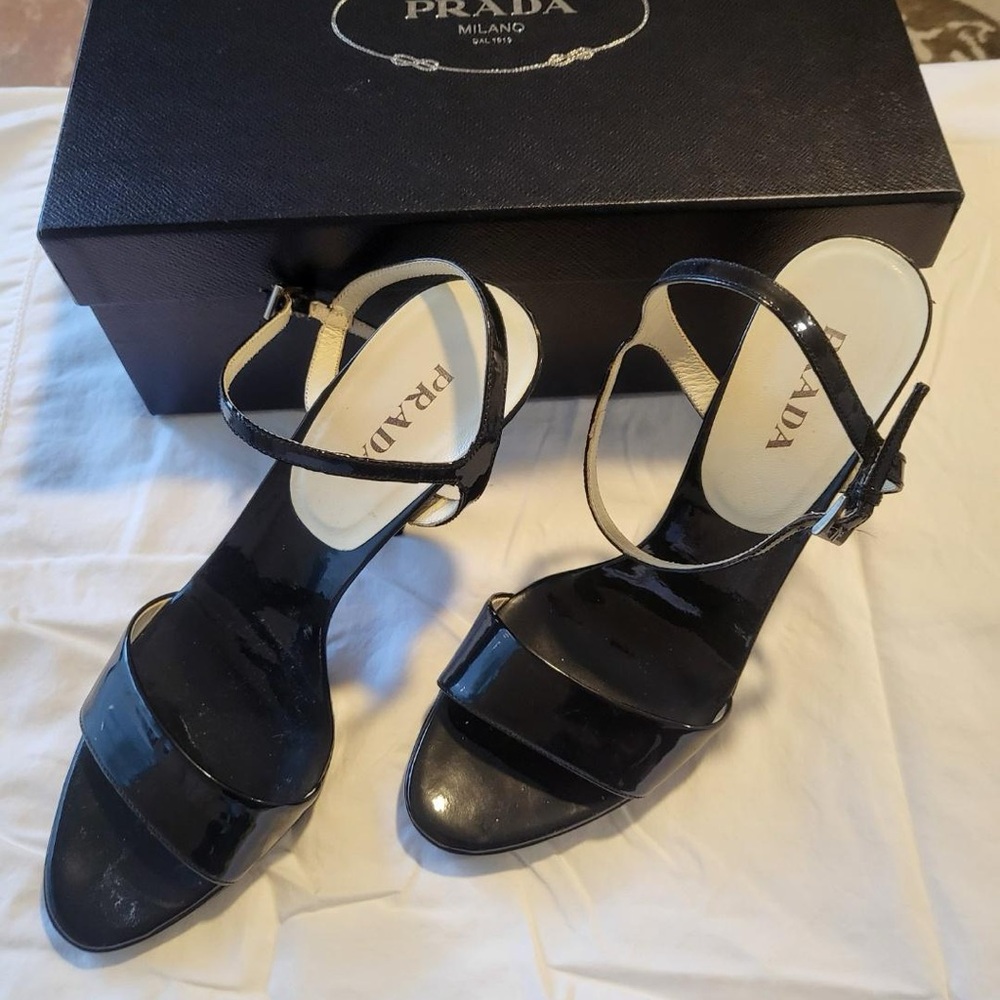 Prada black patent high heel sandals platform sole size 10